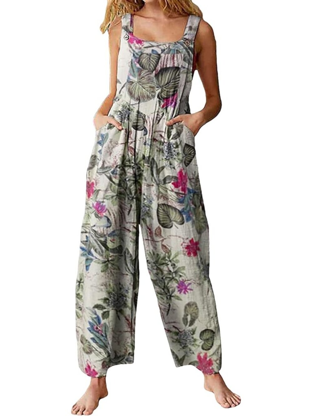 Boho Floral Wide Leg Overalls for Women | Summer Loose Jumpsuit with Pockets
